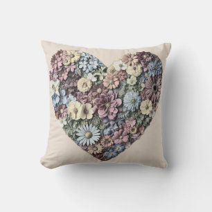 Coussin Dessin botanique de cœur de fleurs pressées fantai