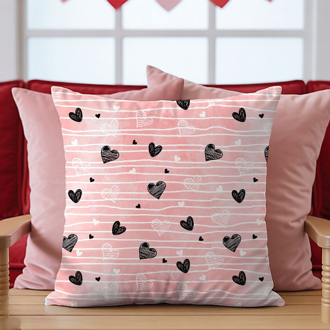 Coussin Dessin Cœurs Noirs Roses Meilleure Saint-V (Best Valentine’s Gift Pillow Pink Black Hearts Love)