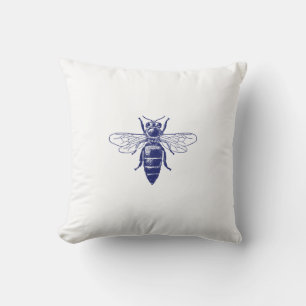 Coussin Dessin d'abeille de la reine vintage en bleu
