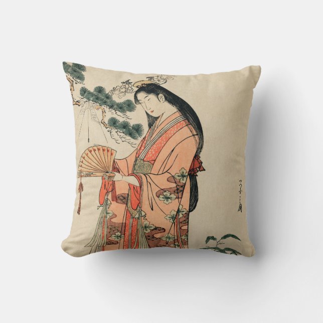 Coussin Dessin de bois japonais antique avec une femme (Recto)