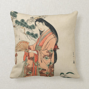 Coussin Dessin de bois japonais antique avec une femme