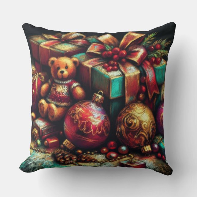 Coussin Dessin de calque de Noël Ours Cadeau Bonbons Ornem (Recto)