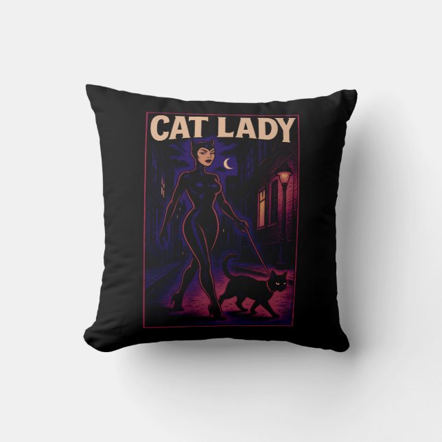 Coussin Dessin de chat de dame de ville nocturne Sass Art  (Recto)
