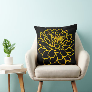 Coussin Dessin de chrysanthème - Ambre sur noir