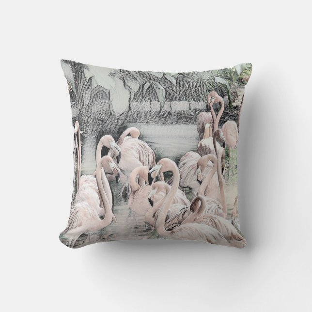 Coussin Dessin de Flamants roses roses et blancs dans l'ea (Recto)