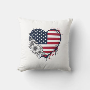 Coussin Dessin de gravure florale vintage à cœur patriotiq