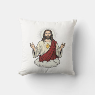 Coussin Dessin de gravure vintage dévotionnel du Sacré-Cœu