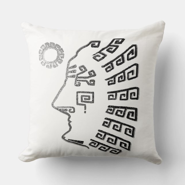 Coussin Dessin de Machu Picchu Gris Argent sur Fond Blanc (Recto)