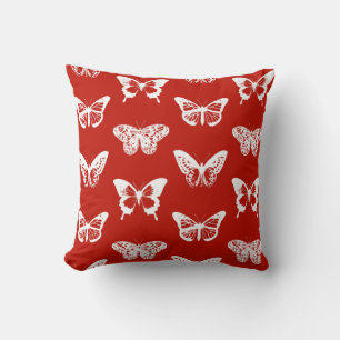 Coussin Dessin de papillon, rouge et blanc