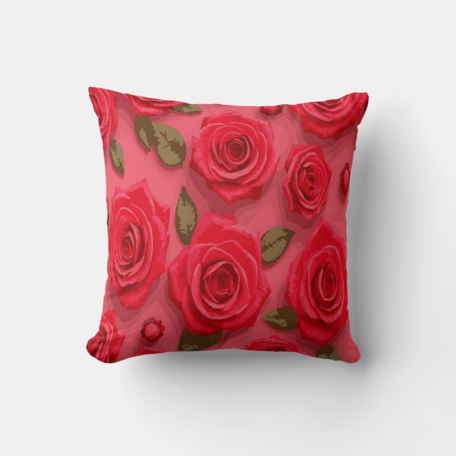 Coussin Dessin de rose rouge romantique – Feuilles vertes  (Recto)