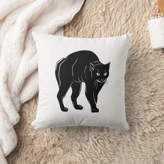 Coussin Dessin de silhouette de chat noir rôdant Halloween (Couverture)
