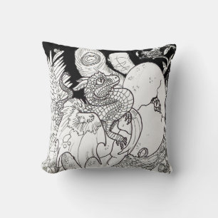 Coussin Dessin d'encre de trait de dragon à éclos