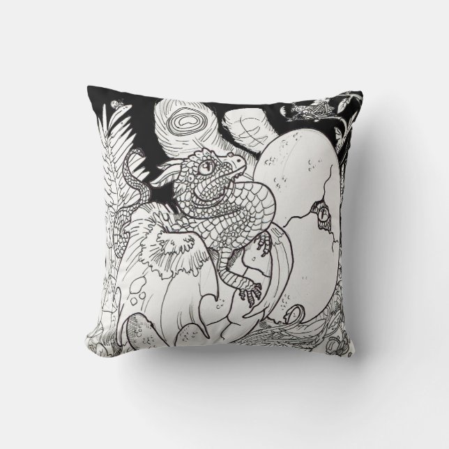 Coussin Dessin d'encre de trait de dragon à éclos (Recto)