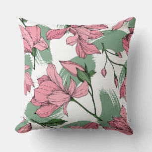Coussin Dessin d'encre pastel Magnolia sauge vert rose