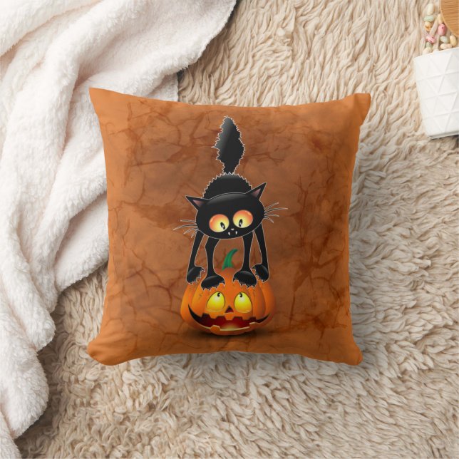 Coussin Dessin d'Halloween au chat effrayé sur Citrouille (Couverture)