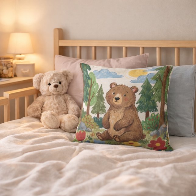 Coussin Dessin d'ours adorable dans les bois pour enfants (Créateur téléchargé)