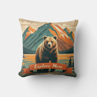 Coussin Dessin d'ours de style rétro et chaîne de montagne