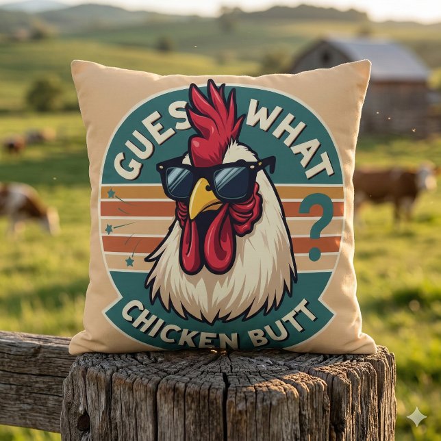 Coussin Dessin drôle de blague rétro sur un derrière de po (Funny Retro Chicken Butt Joke Design Throw Pillow Mockup C)