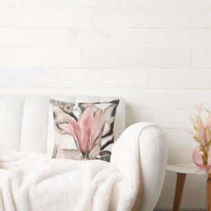 Coussin Dessin d'une branche de fleur de magnolia rose jet