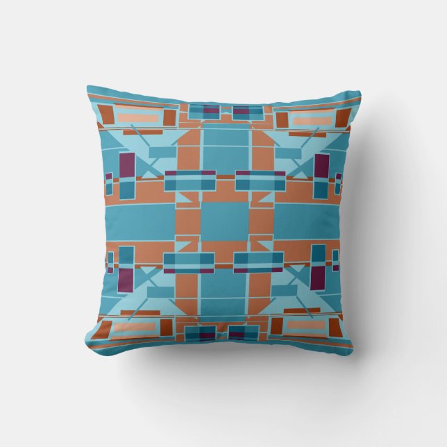 Coussin Dessin géométrique orange rouille bleu sarcelle bo (Recto)