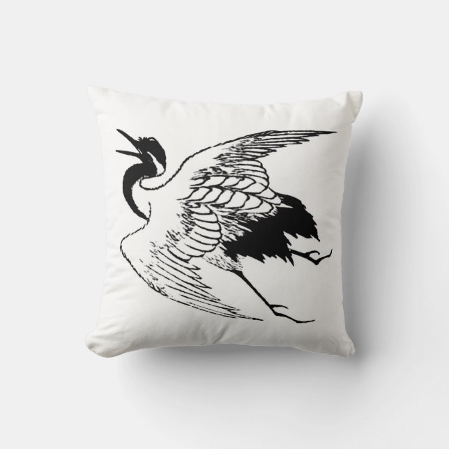 Coussin Dessin japonais vintage d'une grue (Recto)