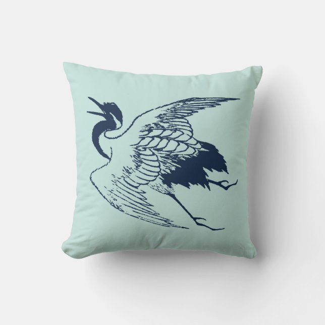 Coussin Dessin japonais vintage d'une grue en bleu (Recto)