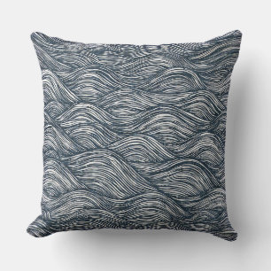 Coussin Dessin linéaire de vagues en indigo
