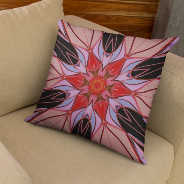 Coussin Dessin Mandala Fleur Rouge Bleu et Rose (Créateur téléchargé)
