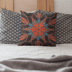 Coussin Dessin Mandala Flower bleu orange et noir