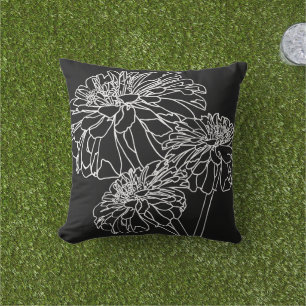Coussin Dessin minimaliste à trait floral blanc noir