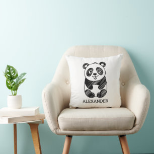 Coussin Dessin minimaliste de panda blanc et noir