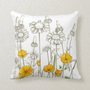 Coussin Dessin Plante de fleurs de pavot orange