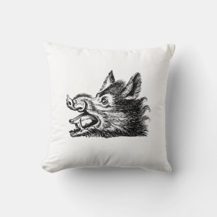 Coussin Dessin tête de sanglier vintage en noir et blanc