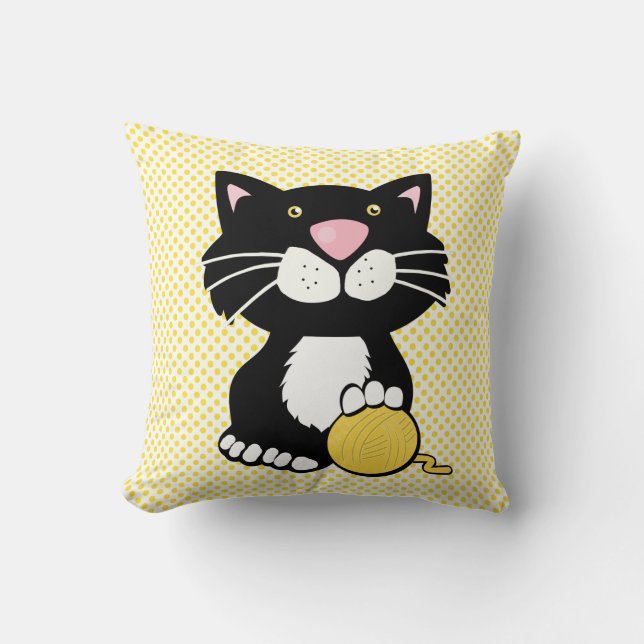 Coussin Dessin Tuxedo Chat sur Polka Dot Jetez l'oreiller (Recto)
