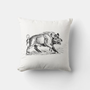 Coussin Dessin vintage de sanglier en noir et blanc #2