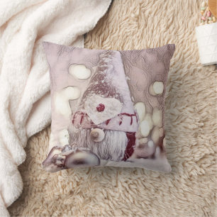 Coussin Dessin vintage d'un Gnome rose sur la neige