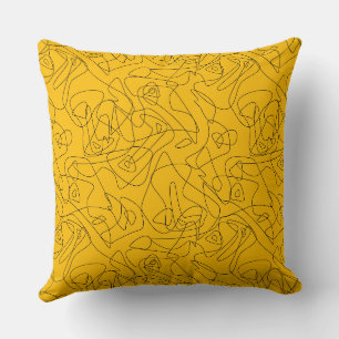 Coussin Dessins abstraits noirs sur un dos jaune vif