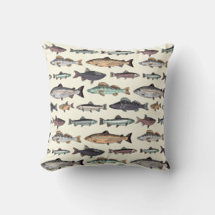 Coussin Dessins de poisson vintages, motif sans soudure.