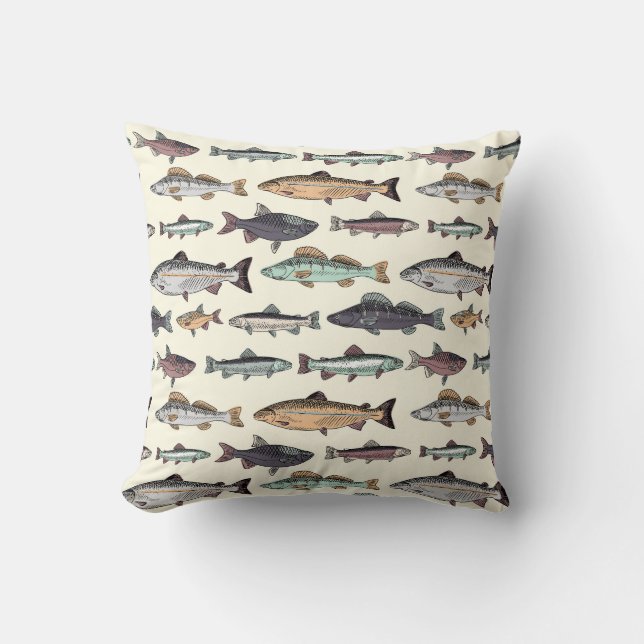 Coussin Dessins de poisson vintages, motif sans soudure. (Recto)