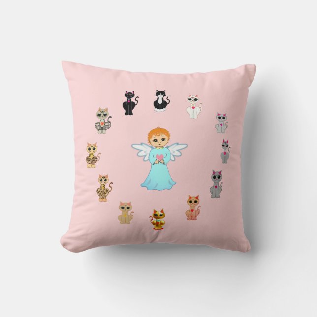 Coussin Dessins mignons d'ange et de chat sur fond rose (Recto)