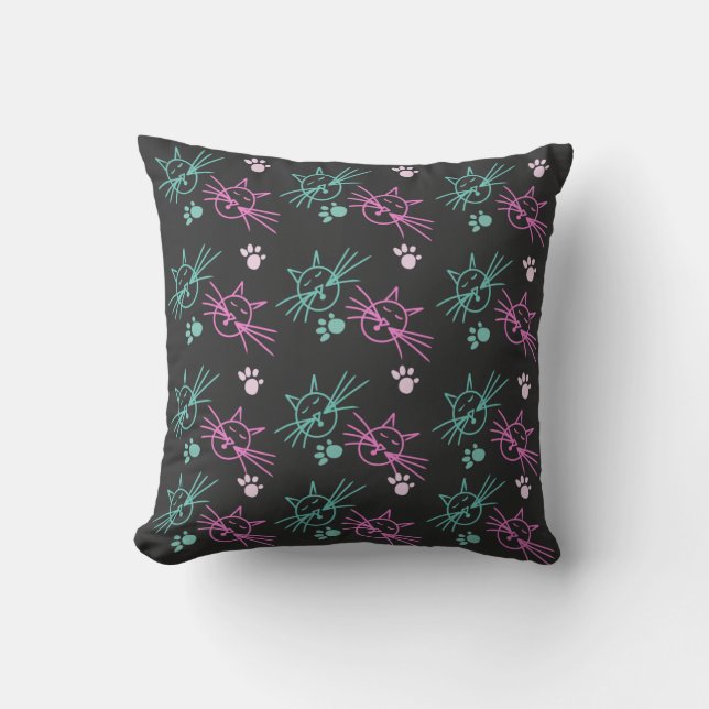Coussin Dessins Mignons de Chat Rose Sarcelle Animal Noir  (Recto)
