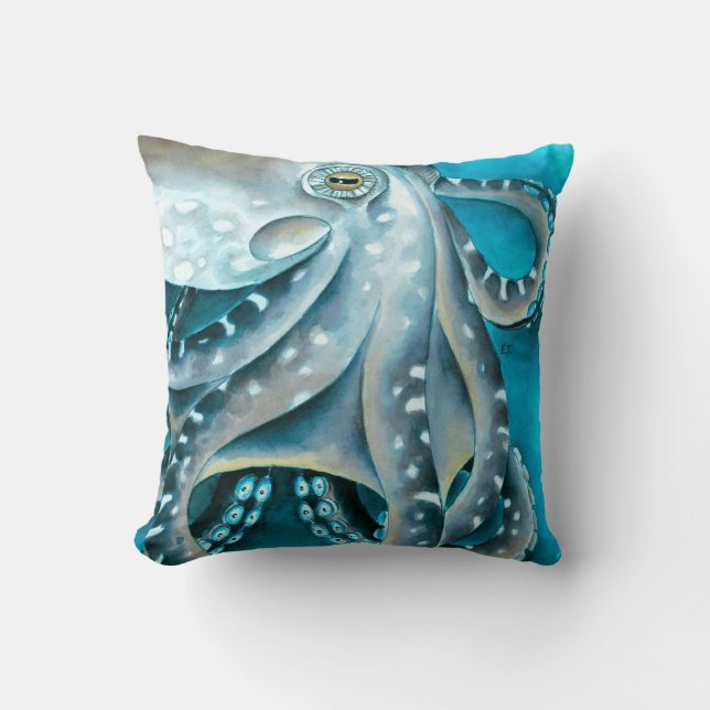 Coussin Détails de l'aquarelle bleu octopus (Recto)