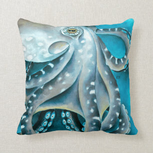 Coussin Détails de l'aquarelle bleu octopus
