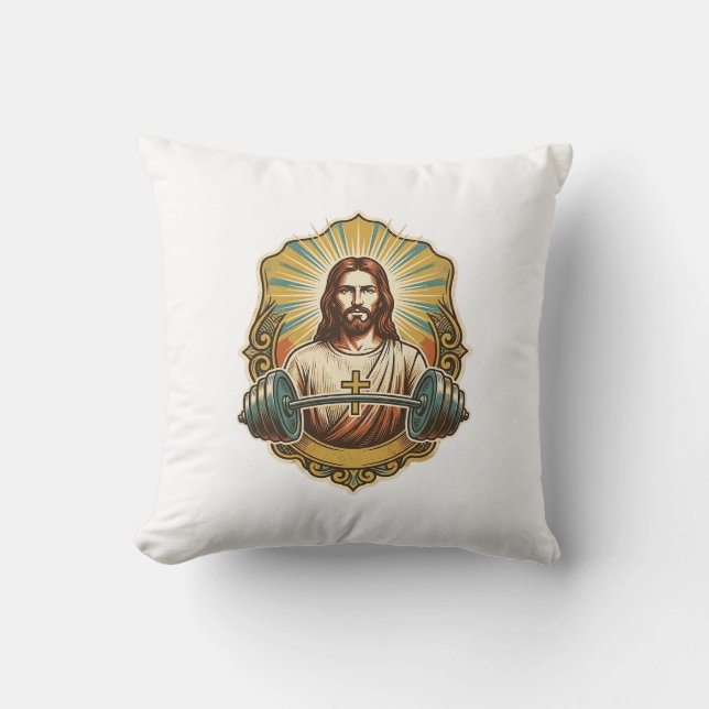 Coussin Déterminé Jésus Haltère en Fer Lourd Powerlifting  (Recto)