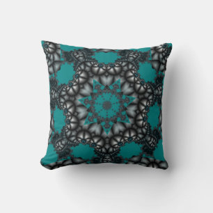 coussin d'étoile fractale abstrait Turquoise et gr