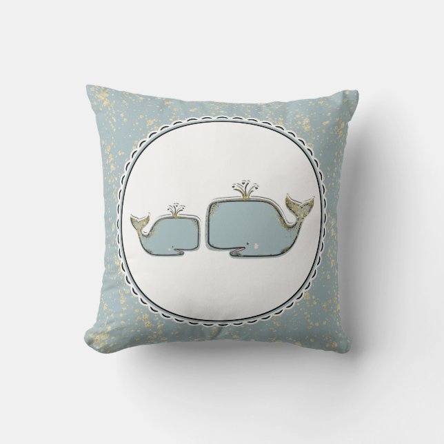 Coussin Deux baleines de mer Bleu & Or Boutique Pépinière (Recto)
