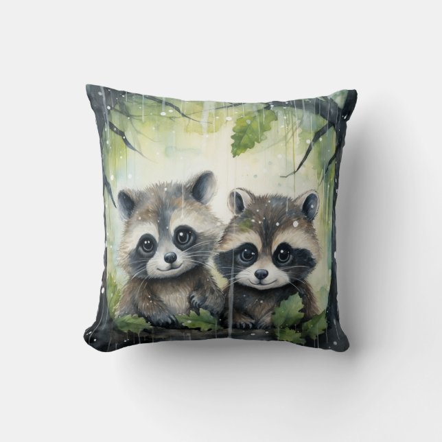Coussin Deux bébés ratons laveurs sous la pluie (Recto)