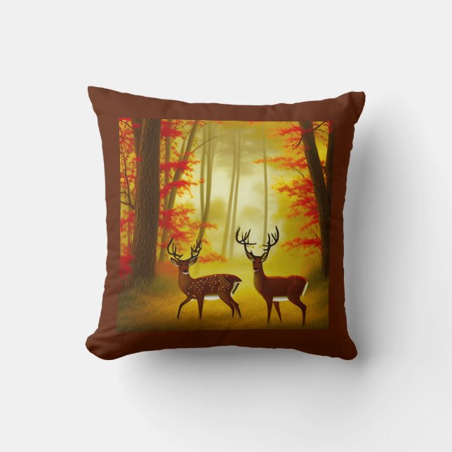 Coussin Deux cerfs dans une forêt d'automne / Bois (Recto)