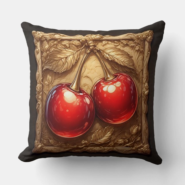 Coussin Deux cerises rouges brillantes avec des feuilles d (Recto)