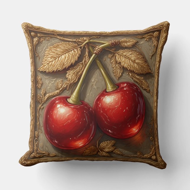 Coussin Deux cerises rouges brillantes avec des feuilles d (Recto)